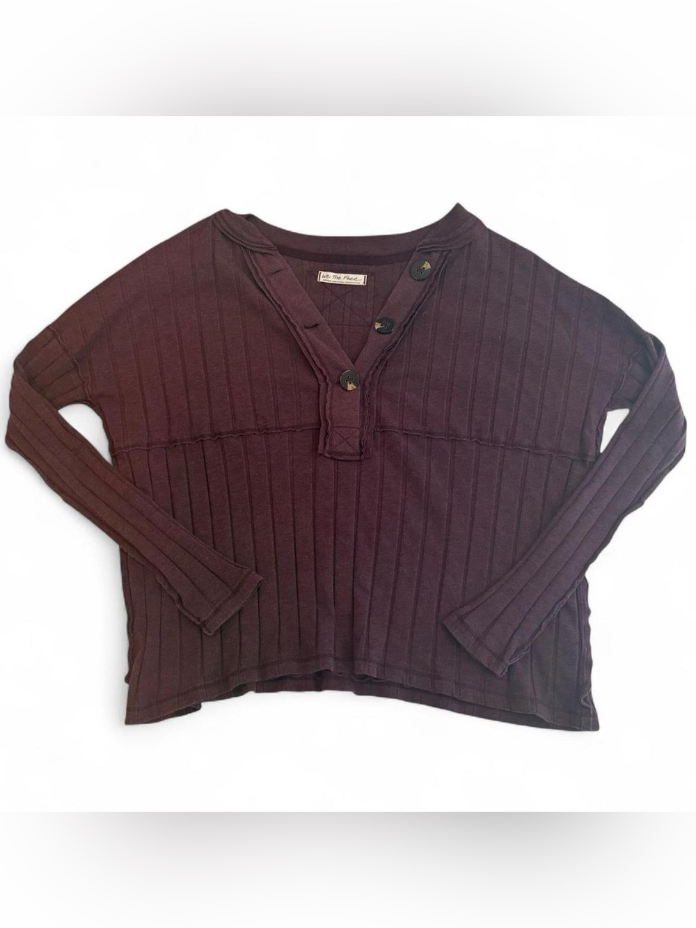 Free People deep purple ribbed long sleeve top with button detailing